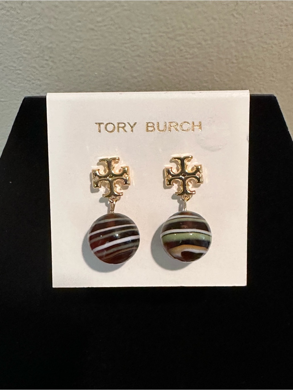 Tory Burch Gold Logo Earrings with Striped multicolored Beads
